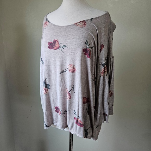 Lucky Brand 3X Taupe Floral Bell Sleeve Boho Lightweight Shirt Top Women - Picture 3 of 8